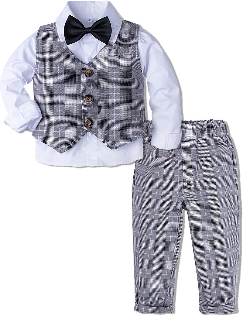 A&J DESIGN Toddler Suit Boys Gentleman Wedding Formal Ring Bearer Plaid Outfit Dress Clothes Tuxedo Set Light Gray 2-3T - Image 1